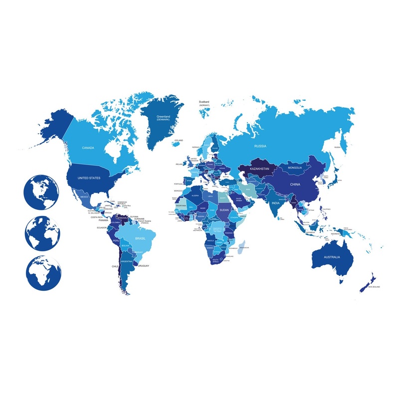 World Maps:  Map with Globes Mural        –   Removable Wall   Adhesive Decal
