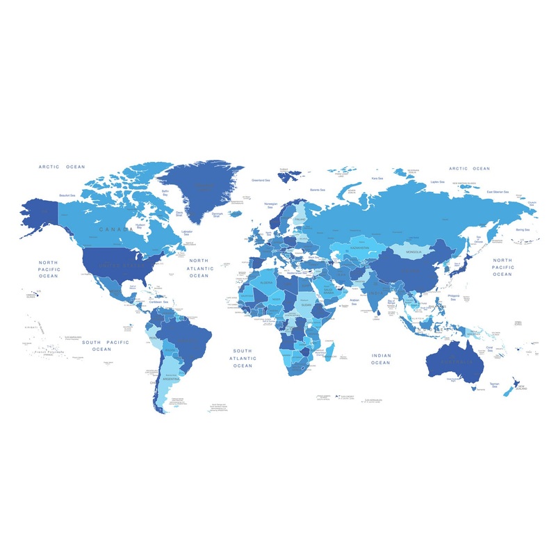 World Maps:  World Blue Map Mural        –   Removable Wall   Adhesive Decal