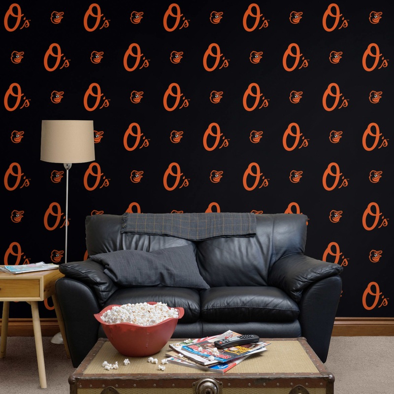 Baltimore Orioles (Black) – Logo Pattern – Peel & Stick Wallpaper – Official MLB – Reusable Vinyl Wall Decals