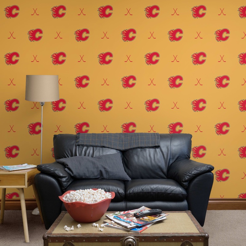 Calgary Flames (Yellow) – Sticks Pattern – Peel & Stick Wallpaper – Official NHL – Reusable Vinyl Wall Decals