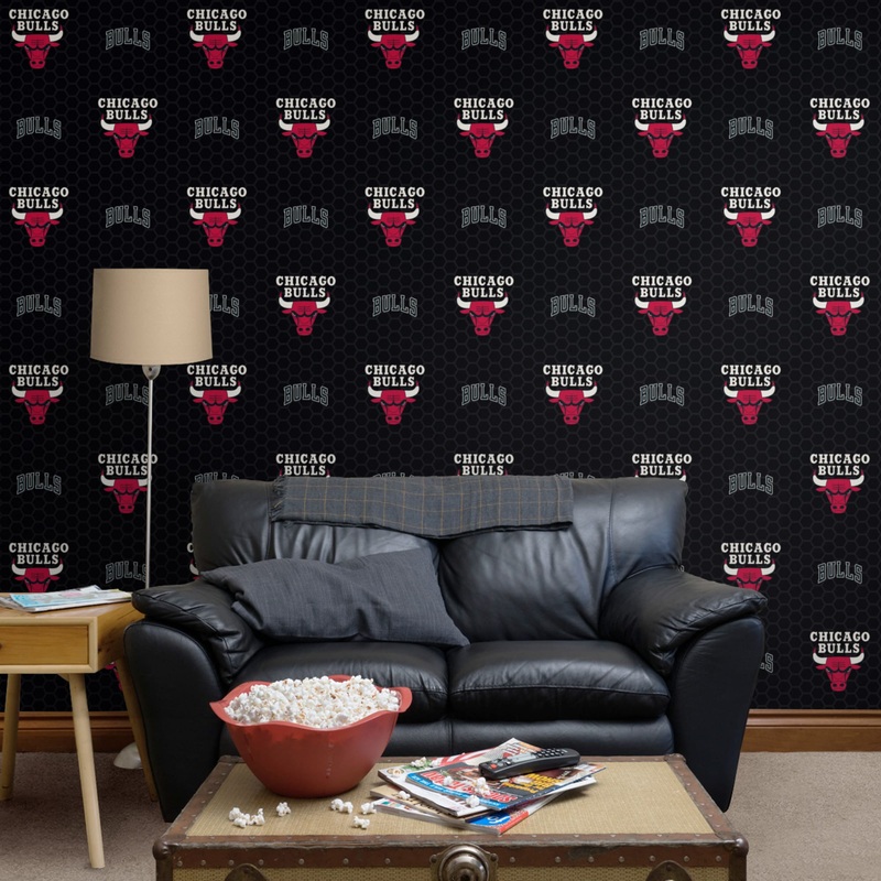 Chicago Bulls (Black) – Logo Pattern – Peel & Stick Wallpaper – Official NBA – Reusable Vinyl Wall Decals
