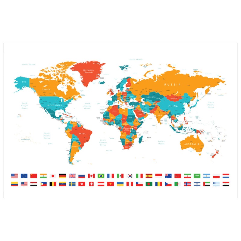 World Maps:  Colored Map and Flags        –   Removable Wall   Adhesive Decal