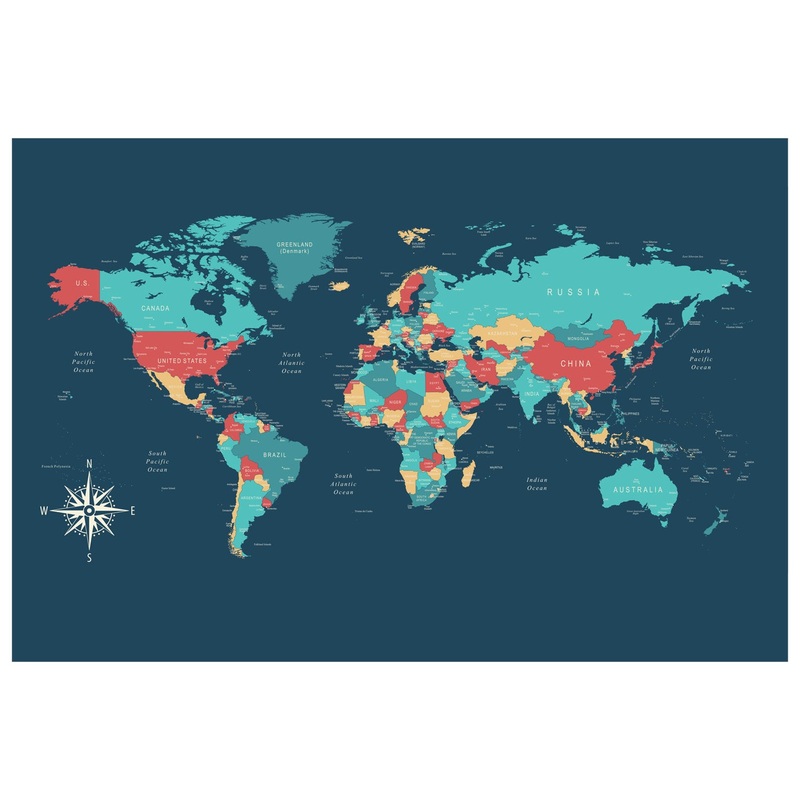 World Maps:  Colored Map Mural        –   Removable Wall   Adhesive Decal