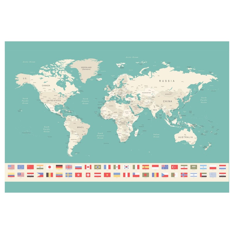 World Maps:  World Map and Flags Mural        –   Removable Wall   Adhesive Decal