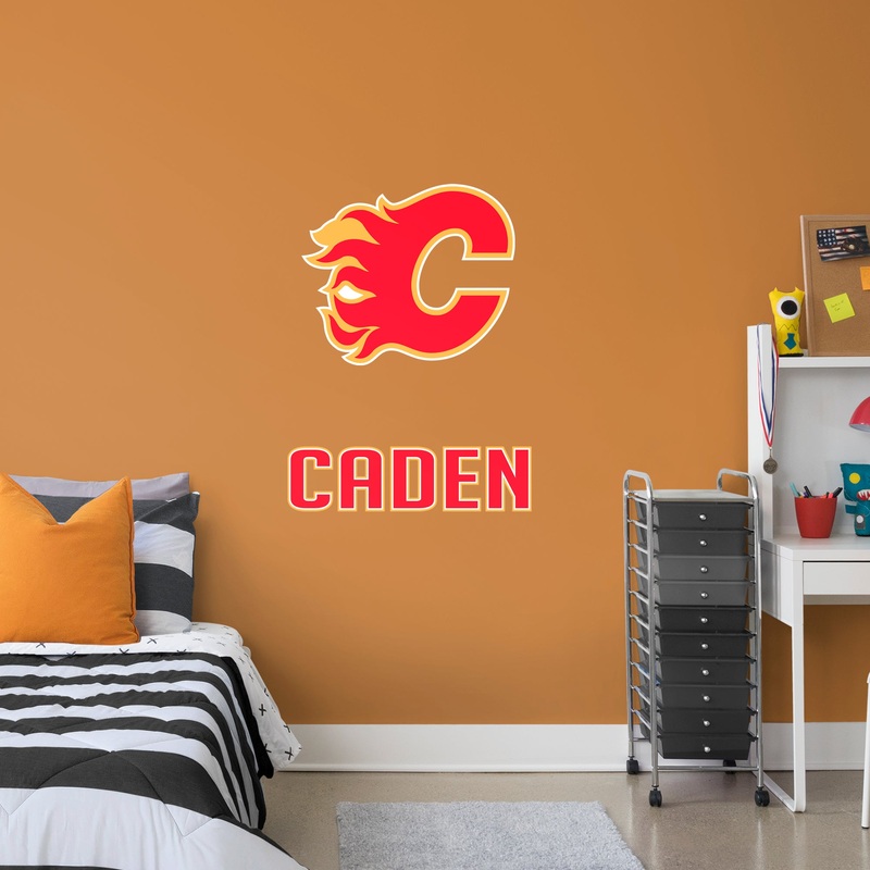 Calgary Flames – Stacked Logo – With Personalized Name – Red Text – Official NHL – Vinyl Transfer Decal