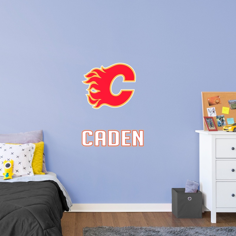 Calgary Flames – Stacked Logo – With Personalized Name – White Text – Official NHL – Vinyl Transfer Decal