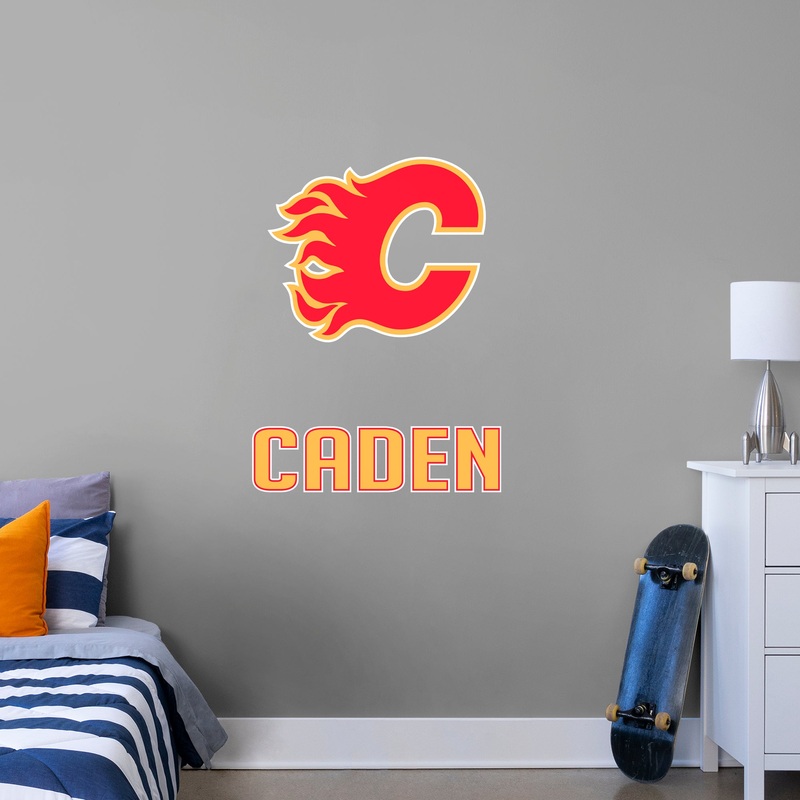 Calgary Flames – Stacked Logo – With Personalized Name – Yellow Text – Official NHL – Vinyl Transfer Decal