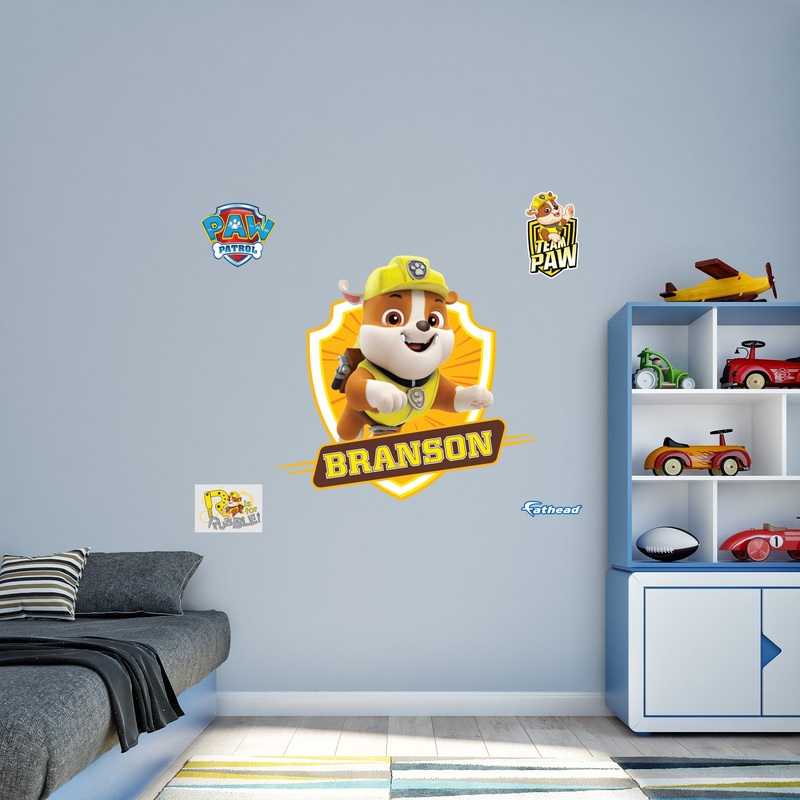 Paw Patrol – Rubble Jumping Graphic – With Personalized Name – Official Nickelodeon – Vinyl Transfer Decals