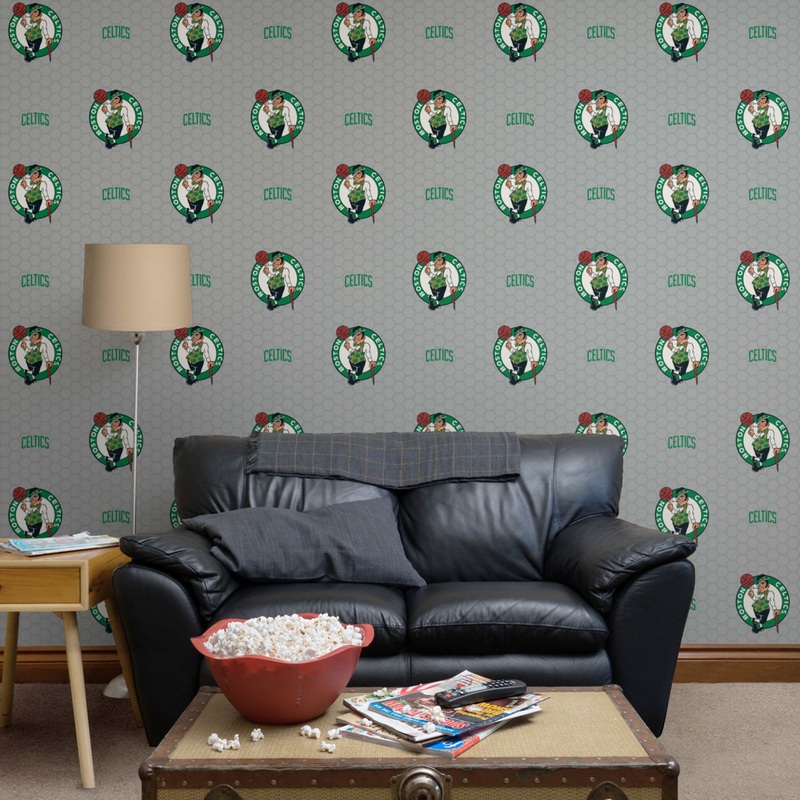 Boston Celtics (Gray) – Logo Pattern – Peel & Stick Wallpaper – Official NBA – Reusable Vinyl Wall Decals