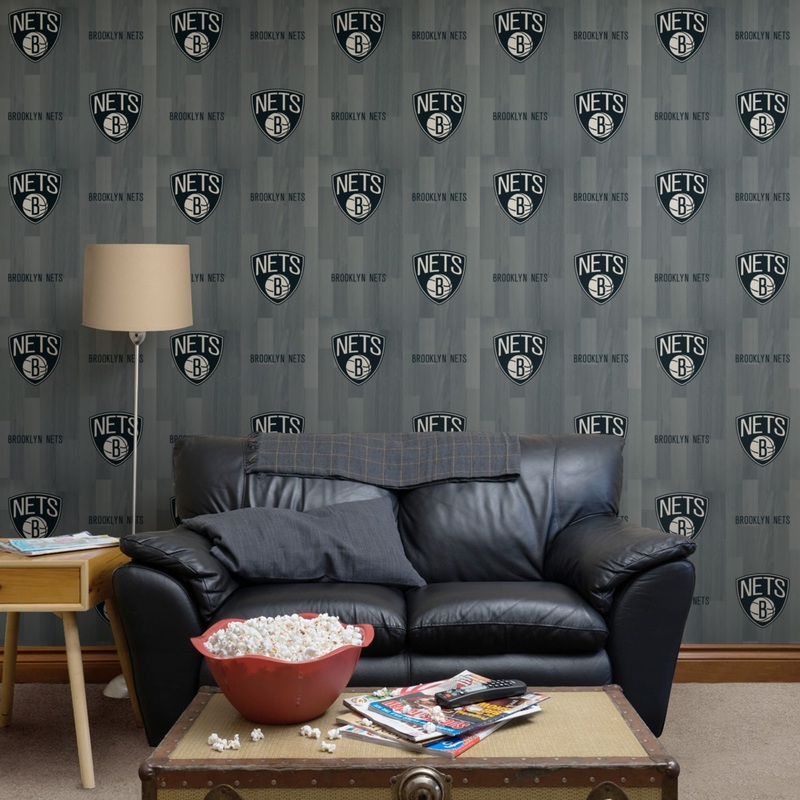 Brooklyn Nets (Gray) – Hardwood Pattern – Peel & Stick Wallpaper – Official NBA – Reusable Vinyl Wall Decals