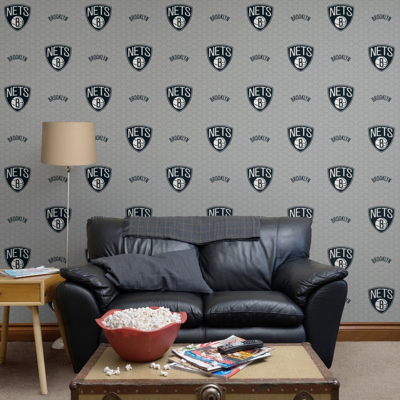 Brooklyn Nets (Gray) – Logo Pattern – Peel & Stick Wallpaper – Official NBA – Reusable Vinyl Wall Decals