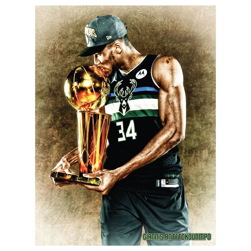 Giannis Antetokounmpo – 2021 Trophy Kiss – Peel & Stick Poster – Official NBA – Milwaukee Bucks – Reusable Vinyl Wall Decal