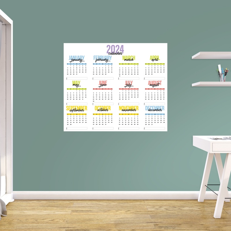 2024 Calendar:  Colorful Dry Erase        –   Removable     Adhesive Decal