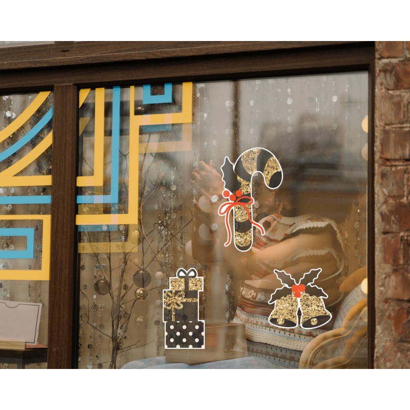 Christmas: Golden Ornaments Window Clings – Removable Window Static Decal