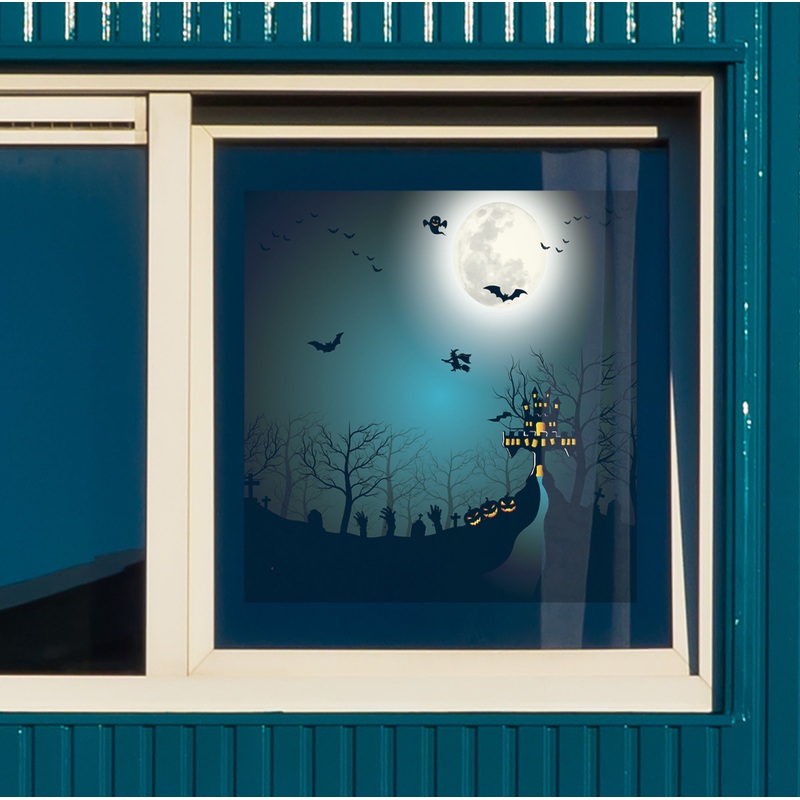 Halloween:  Castle on the Hill Window Clings        –   Removable Window   Static Decal