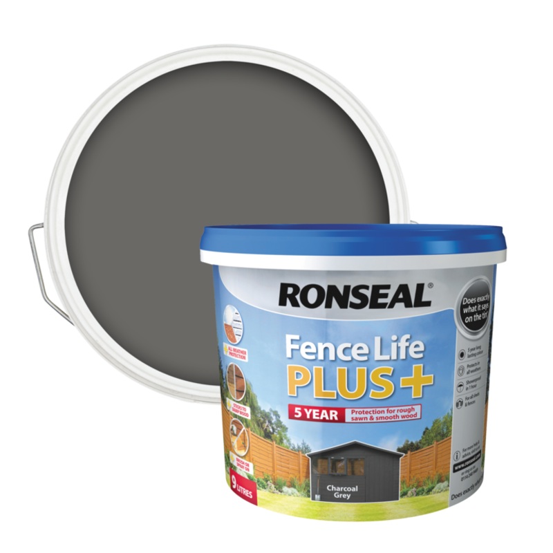 Ronseal Fence Life Plus 9L|Charcoal Grey|Cornflower|Country Oak|Dark Oak|Forest Green|Harvest Gold|Medium Oak|Midnight Blue|Red Cedar|Sage|Slate|Tudor Black Oak|Warm Stone|Willow