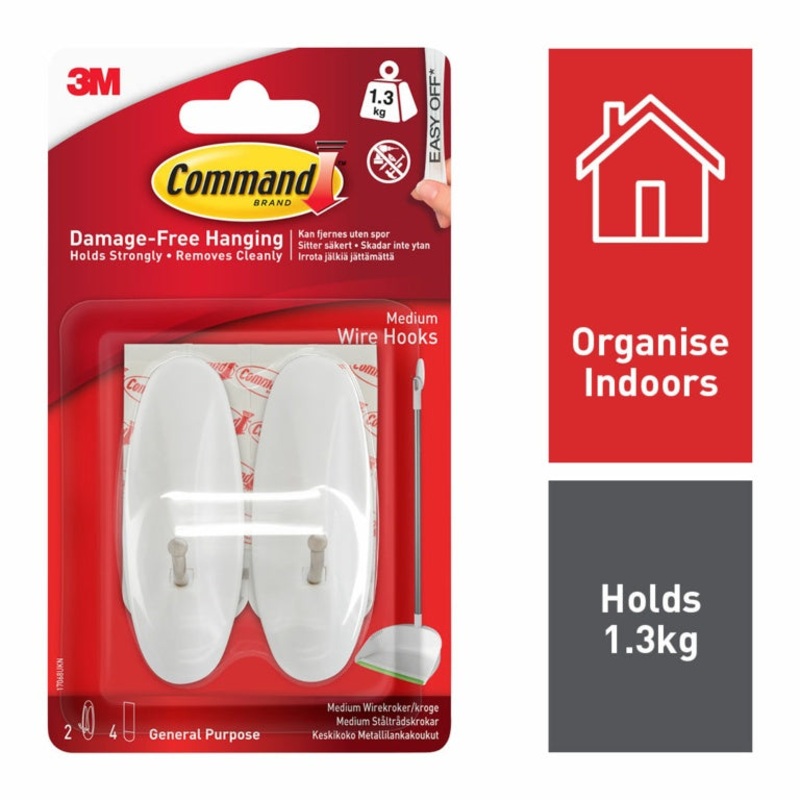 Command Medium Wire Hooks|2 Hooks, 4 Medium Strips