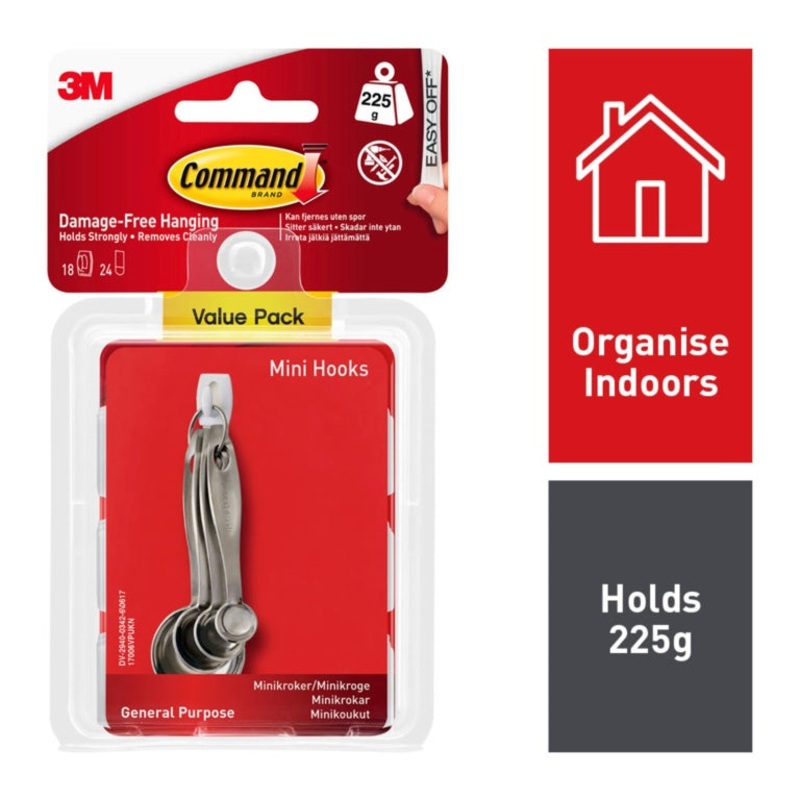 Command Mini Hooks Value Pack|18 Hooks, 24 Small Strips
