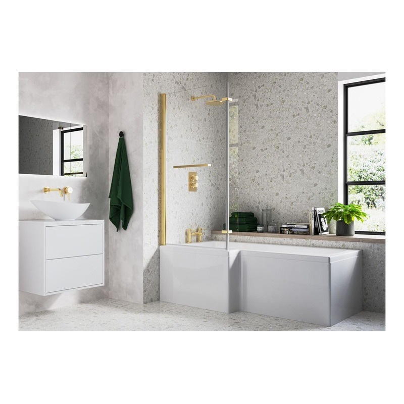 Ona L Shape 1700x850x560mm 0TH Shower Bath Pack  – Brushed Brass