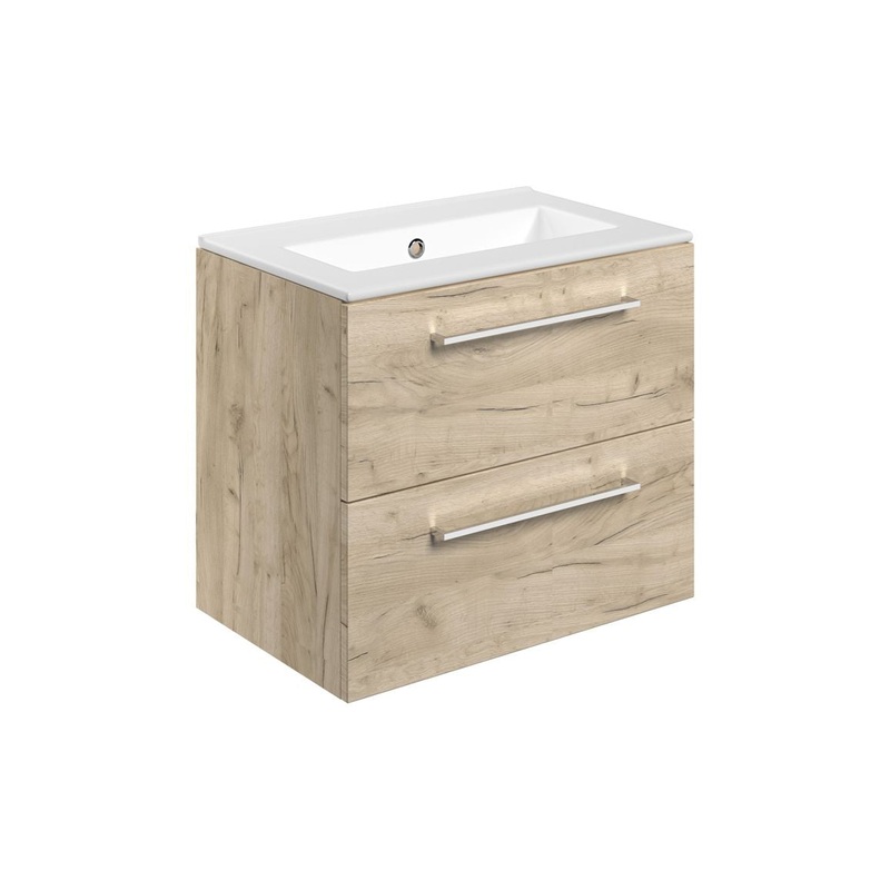 Bateba 610mm Wall Hung 2 Drawer Basin Unit & 0TH Thin Edge Basin – Oak