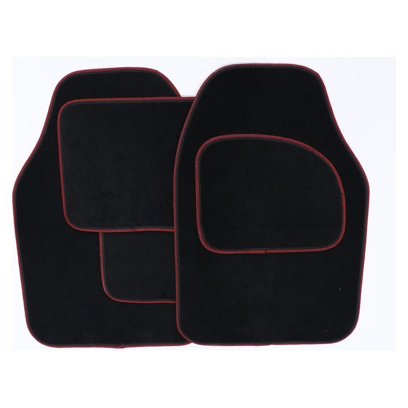 Streetwize Velour Carpet Mat Set with Coloured Binding – 4 Piece Black/Red
