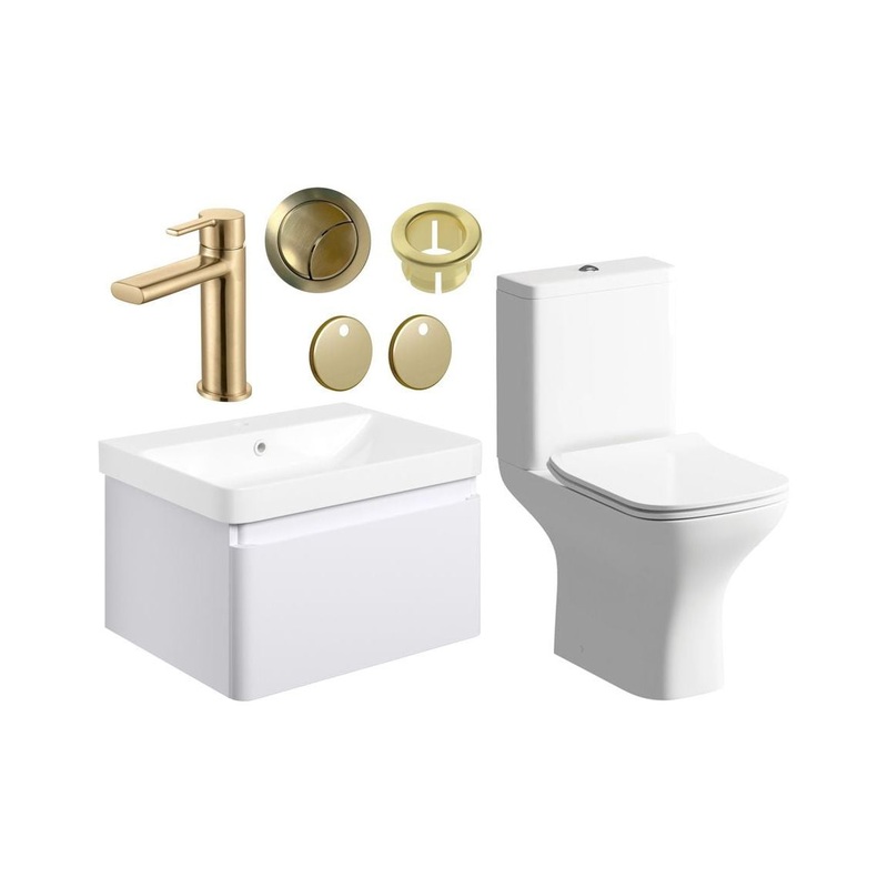 Prisca 600mm Basin Unit & Close Coupled WC Pack – w/Brushed Brass Finishes