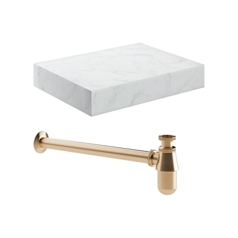 Hayes 600mm Wall Hung White Marble Basin Shelf & Bottle Trap