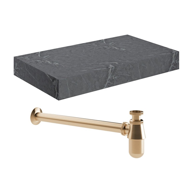 Hayes 800mm Wall Hung Grey Marble Basin Shelf & Brushed Bronze Bottle Trap