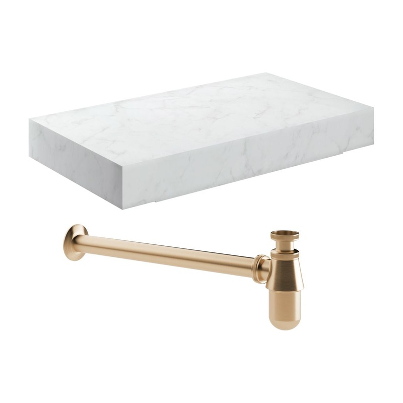 Hayes 800mm Wall Hung White Marble Basin Shelf & Bottle Trap