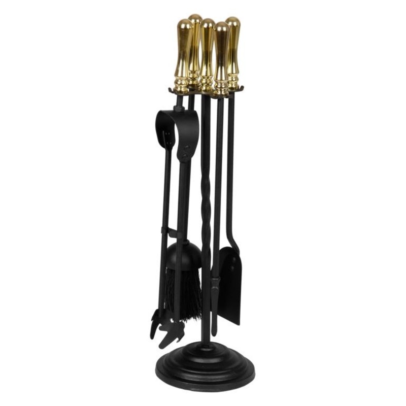 Hearth & Home Black Companion Set With Round Base / Brass Handles 5 Piece 19