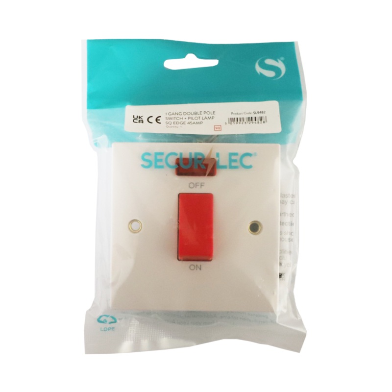 Securlec 1 Gang Double Pole Switch & Pilot Lamp Square Edge
