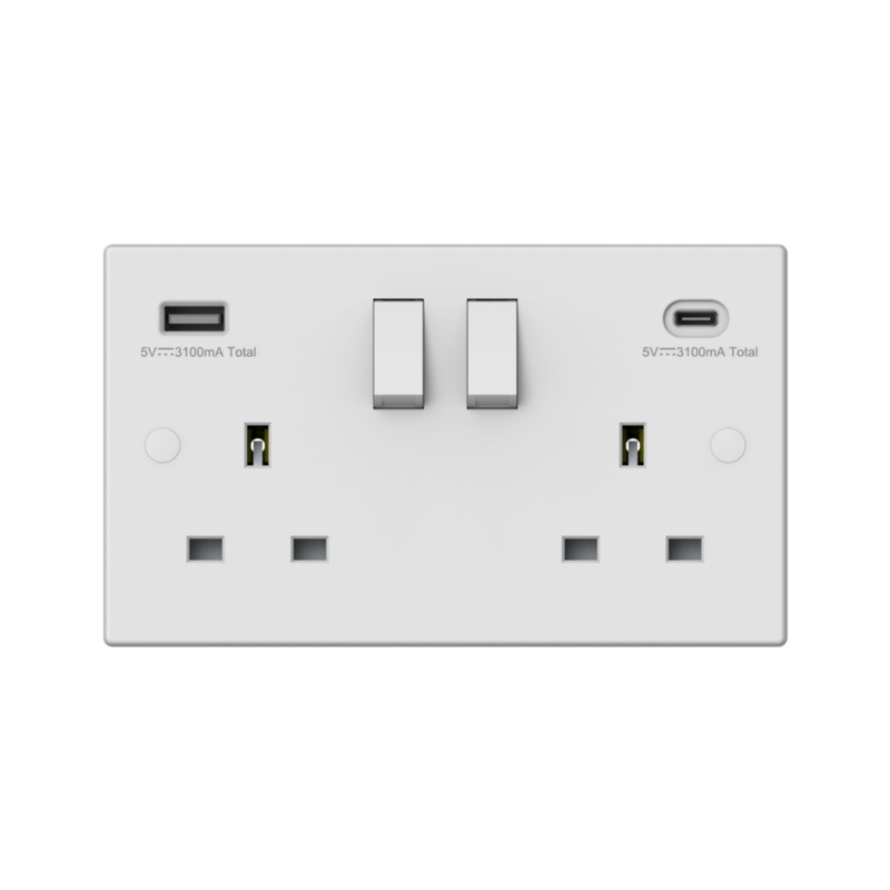 Securlec Switched Socket With USB A + C Double Pole Square Edge