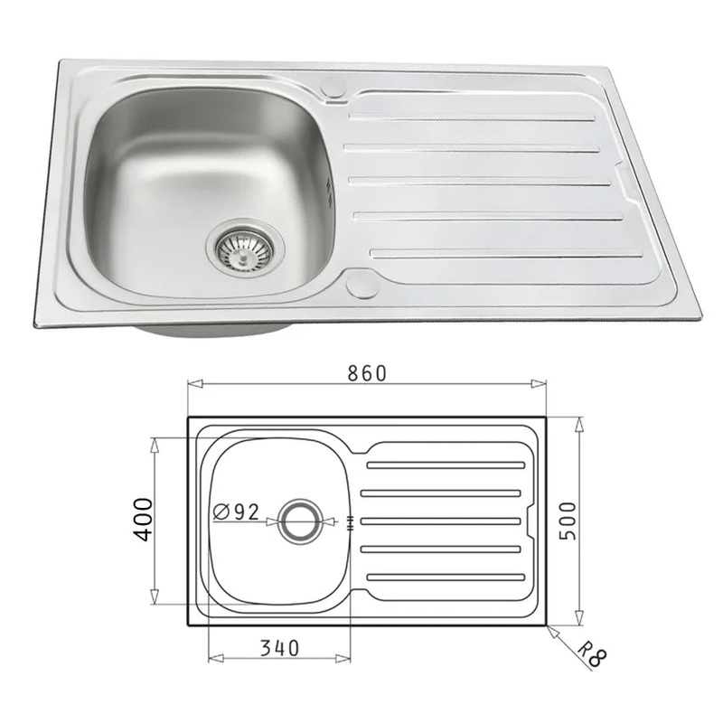Pyramis Vera S/S  Bowl Sink + Tap 860×500 Single