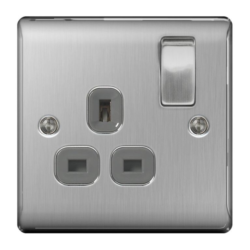 NEXUS Brushed Steel Switched Socket 13a Black Inset