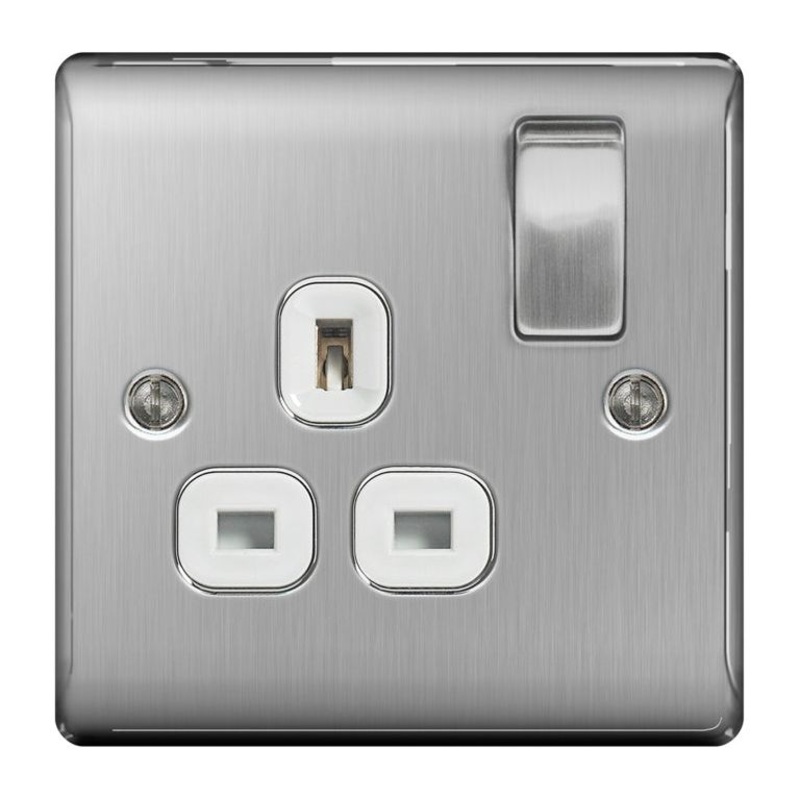 NEXUS Brushed Steel Switched Socket 13a White Inset