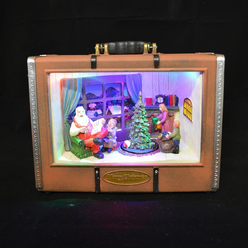 Indoor Ornamental Santa’s House Suitcase Decoration With Led’s And Spinning Tree