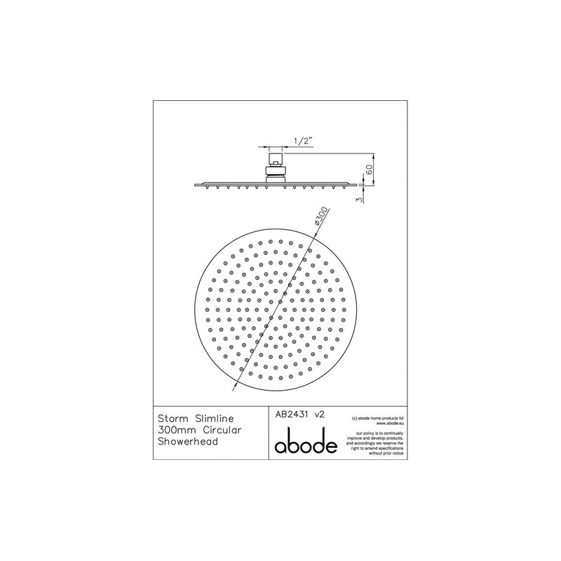 Abode Storm Slimline 300x300x3mm Circular Showerhead – St/Steel