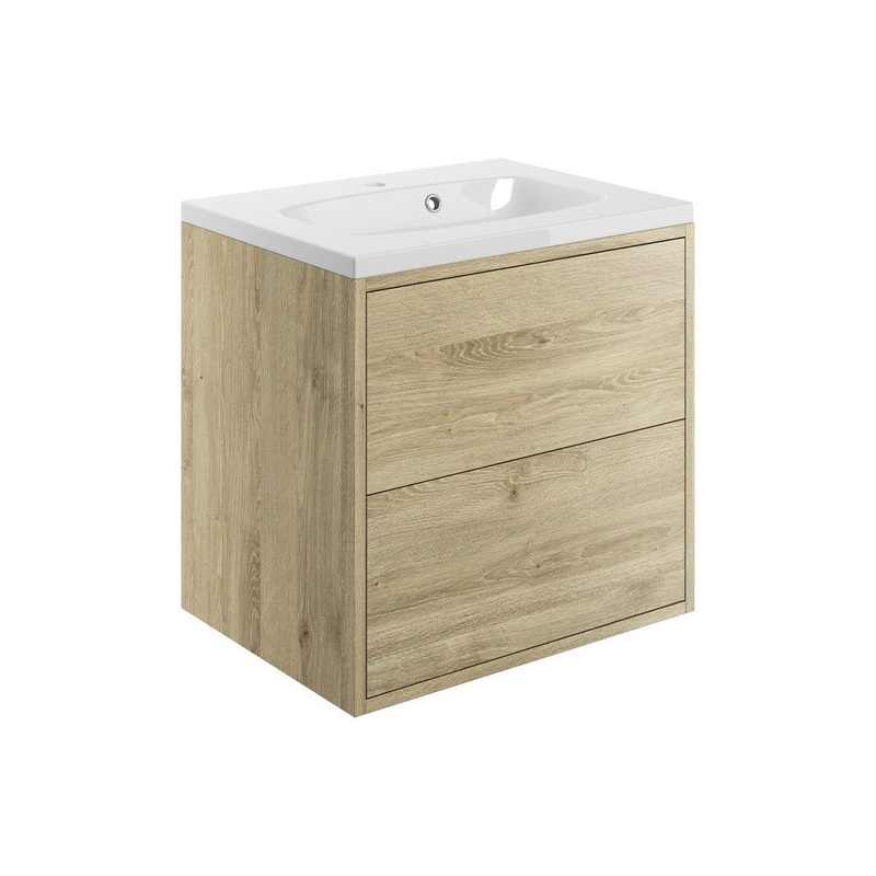 Frontage 600mm 2 Drawer Wall Hung Basin Unit Inc. Basin – Havana Oak