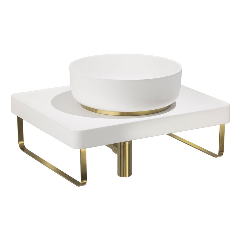 Abode Tableau/Cava Shelf & Round Basin Set – Chalk White w/Brushed Brass Finishes