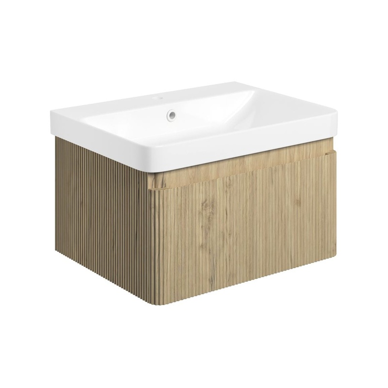 Titan 605mm Wall Hung 1 Drawer Basin Unit & Basin – Textured Oak