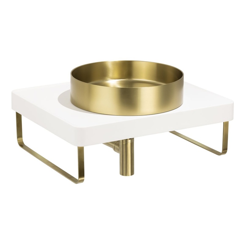 Abode Tableau/Iox Shelf & Round Basin Set – Chalk White w/Brushed Brass Finishes